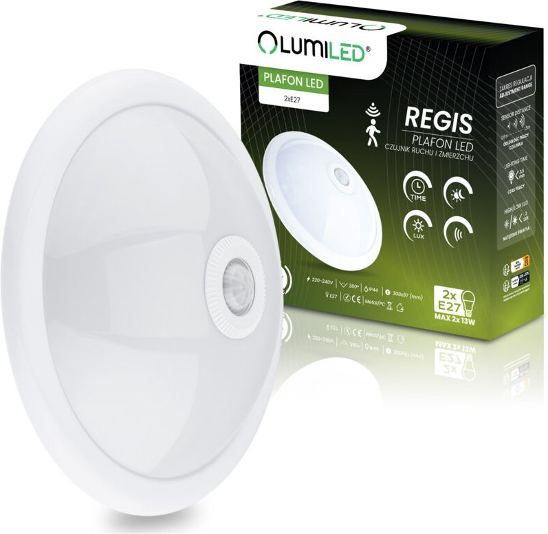 REGIS LED-Deckenleuchte, Aufputzmontage, 2x E27, Schutzart IP44, mit Bewegungs- und Dämmerungssensor, weiß, rund, 30 cm,...