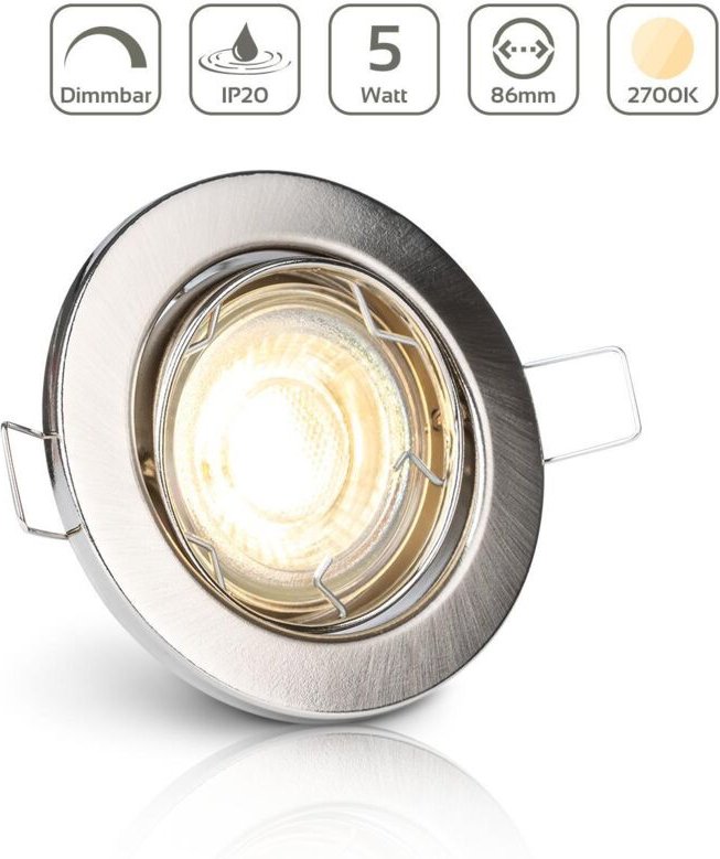 Einbauspot IP20 rund schwenkbar Sprengring - Farbe: Edelstahl-gebürstet - LED Leuchtmittel: GU10 5W warmweiß dimmbar