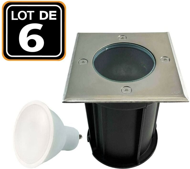 Europalamp - 6 Bodeneinbaustrahler Quadratisch Edelstahl 304 Outdoor IP65 + GU10 5W Glühbirne Neutralweiß 4500K