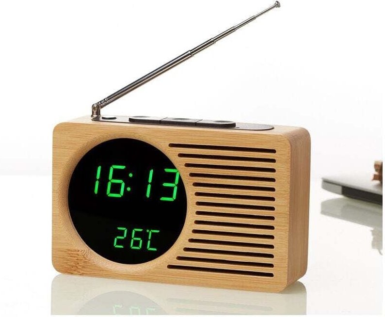 Radio réveil en bois de chevet rétro, réveil silencieux paresseux, horloge électronique cadeau créatif.