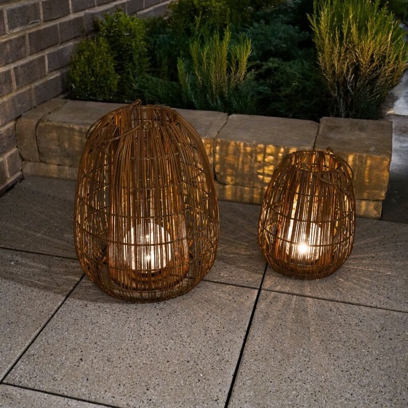 esotec Solar Rattanleuchten 2er Set, Crackle Bruchglas Kugel, Boho-Stil, 102283