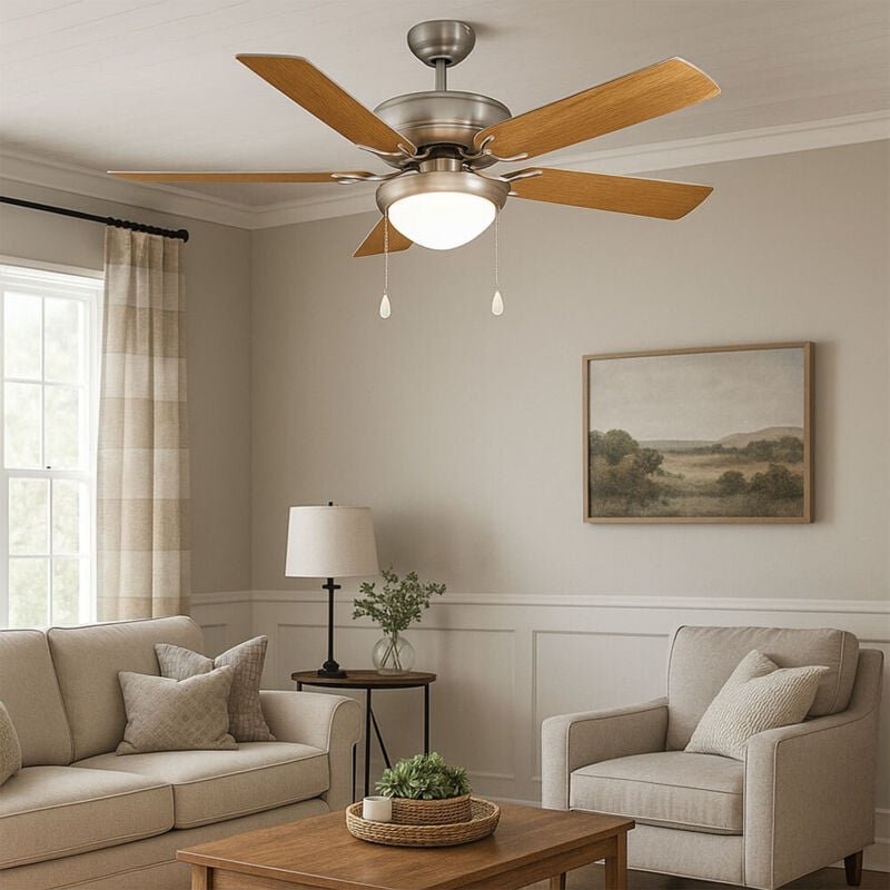 Deckenventilator ballina, 5 Flügel Ventilator mit Licht, Zugkette, Wendeflügel aus Schichtholz in Silber oder Eiche, Geh...
