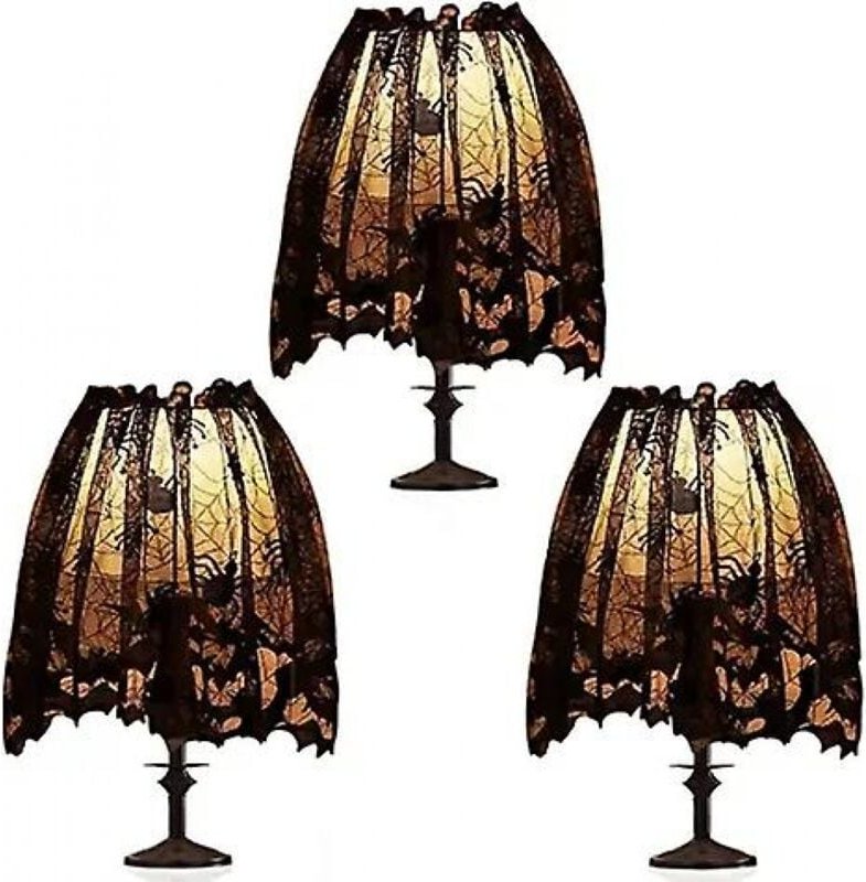 BEBUSINGOTO 3-teilige Halloween-Lampenschirmdekoration, schwarzer Spinnennetz-Spitzenbezug.