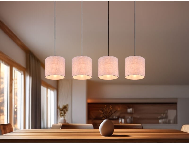 LED Pendelleuchte mit Stoffschirmen Beige & Naturholz Baldachin, Breite 100cm