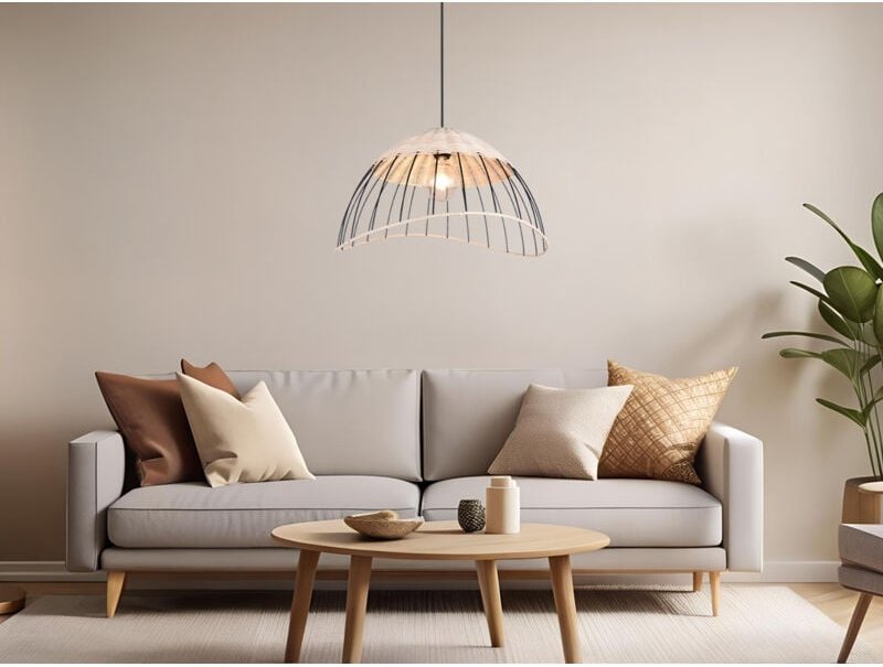 Reality Leuchten - Große Pendelleuchte sandrine mit Lampenschirm aus Rattan & Draht, ø 48cm