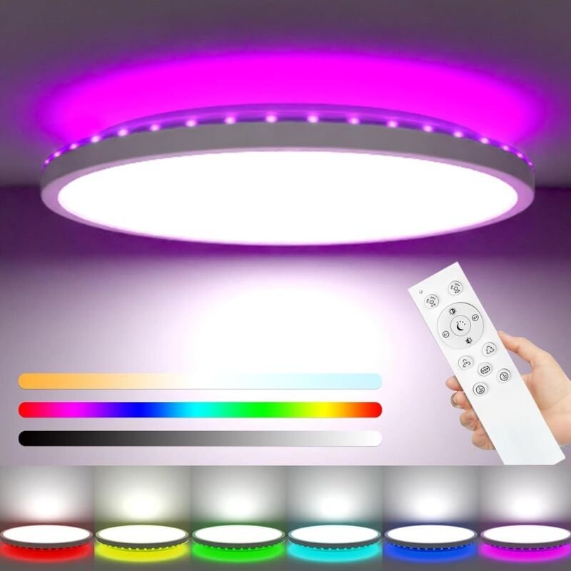 LED Deckenleuchte Dimmbar 30CM, 24W 3200LM RGB Deckenlampe Farbwechsel, 3000K-6500K Badezimmer Lampe IP54 Wasserfest, Fl...