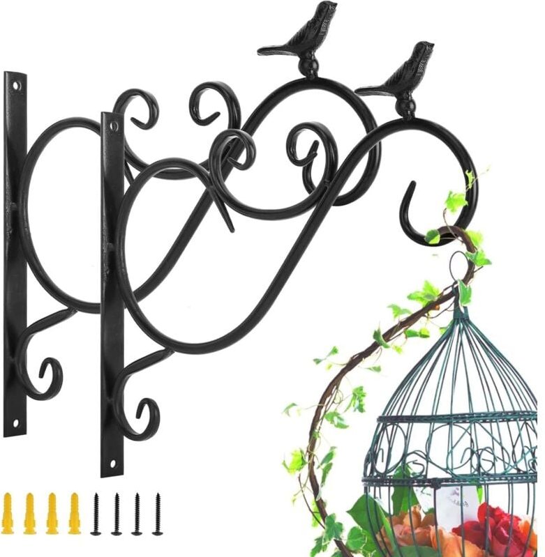 Balcony Wall Mounted Plant Holder, Set of 2 Retro European Bird Shape, Wrought Iron Hanging Hook, for Basket Lantern wit...