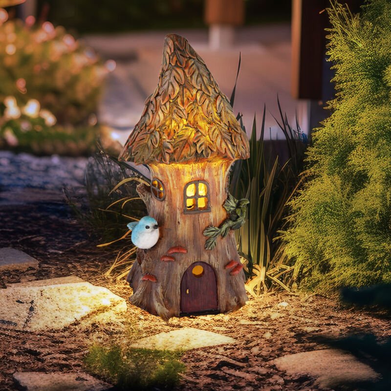 Feenhaus für den Garten Solar Solardeko für Außen Garten Solarleuchten für Außen Deko Figur, Baumstamm Haus, 1x led warm...