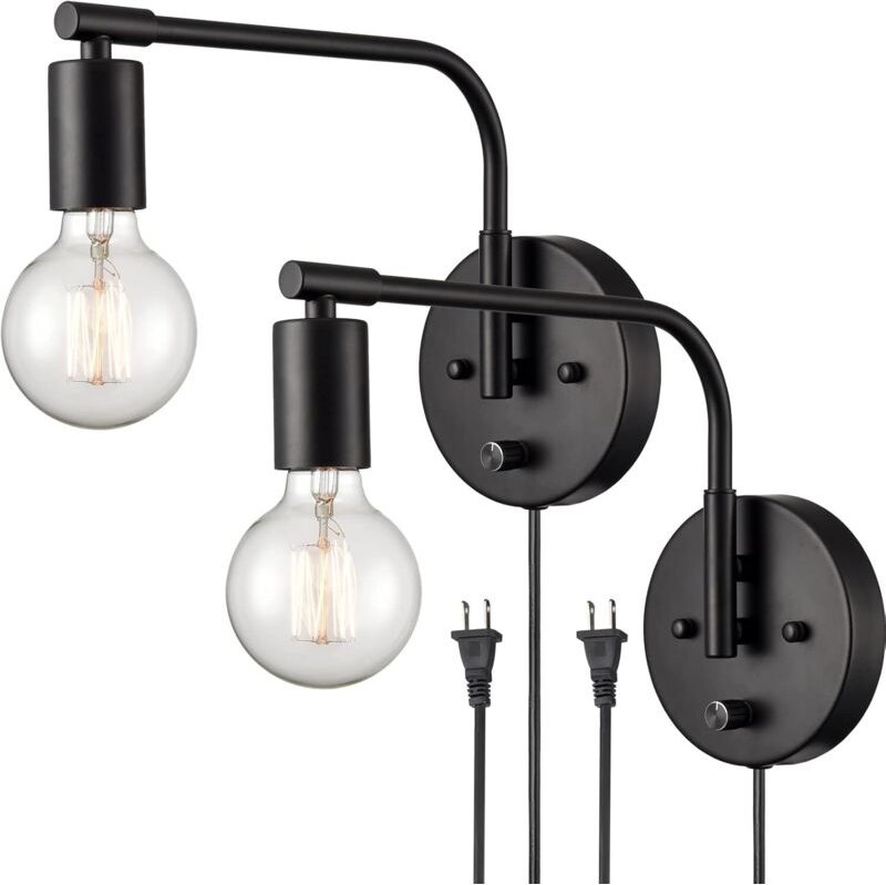 Moderne schwarze Bauernhaus-Wandleuchte, Set aus zwei steckbaren Wandleuchten mit Schwenkarm und Schalter für Schlafzimm...