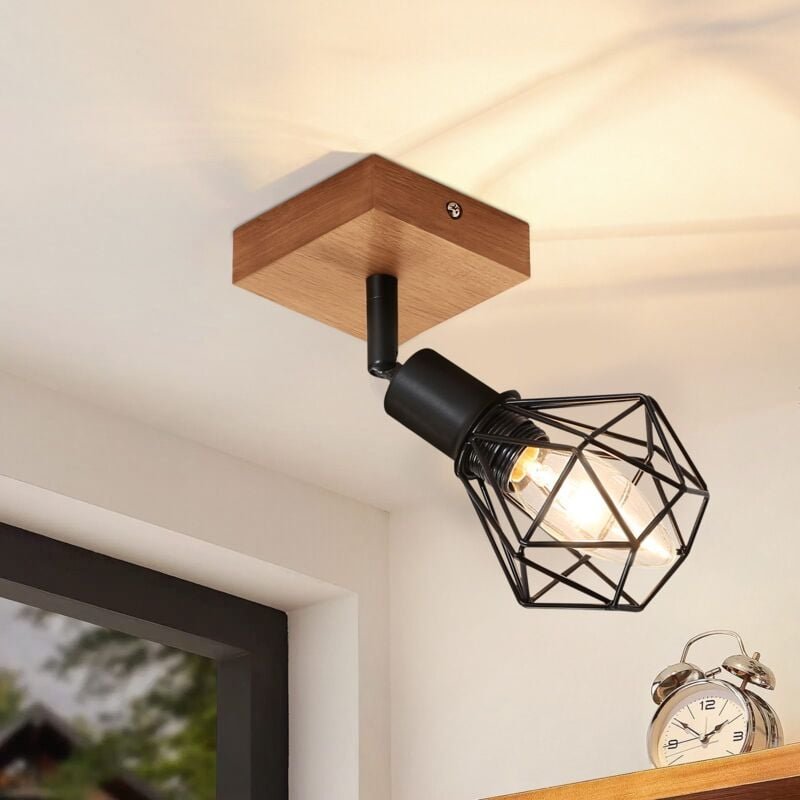 Deckenstrahler 1 Flammig Schwarz Deckenspot - Holz Deckenlampe E14 Vintage Metall Schwenkbar 350° Innen Deckenleuchte MA...