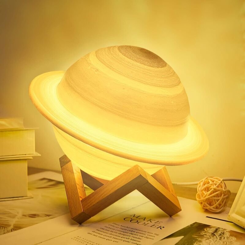 Tonchean - Mondlampe mit 16 Farben, wiederaufladbare 3D-Saturn-LED-Mondlampe, 15 cm dimmbares Nachtlicht, mit Holzstände...