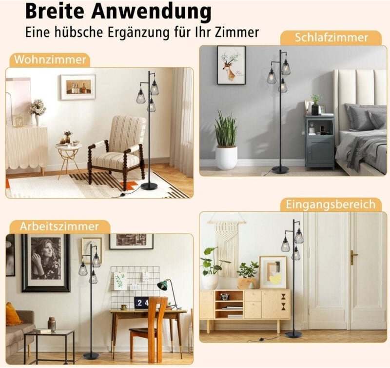 Industrielle stehlampe mit 3 kafigschirmen 169 cm schwarz