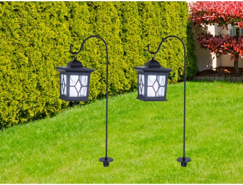 Meinewunschleuchte - 2er Set led Solar Erdspießleuchte mit aufgehängter Laterne, Schwarz Höhe 68cm