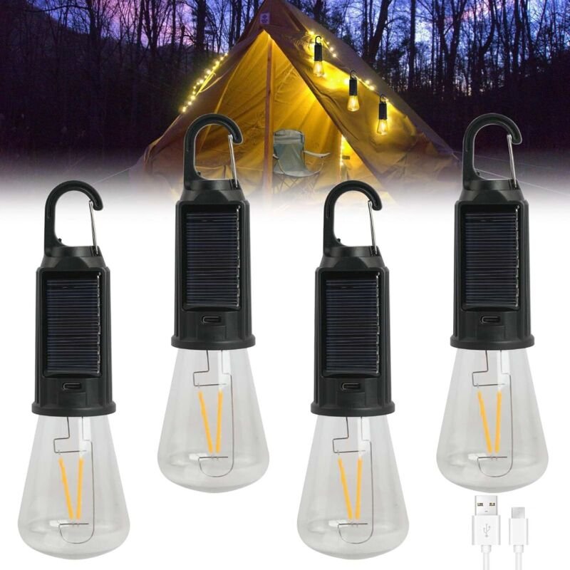 4er-Set Solar-Campinglampen: Wiederaufladbare Campinglampen – Campinglaternen mit Karabinerhaken – LED-Campinglaternen –...