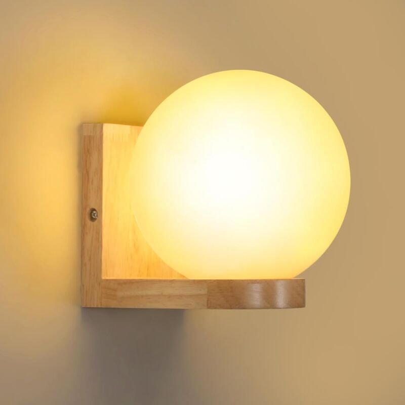 Wandleuchte Holz für den Innenbereich, Wandlampe mit Glasschirm, E27-Wandleuchter für Schlafzimmer, Wohnzimmer, Flur, Ca...