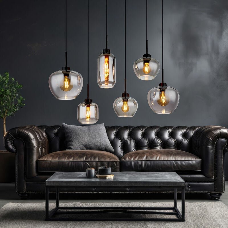 Hängeleuchte Rauchglas Pendelleuchte Glas Esszimmerlampe schwarz, Metall, 6x E27 Fassungen, LxBxH 87x43x120 cm