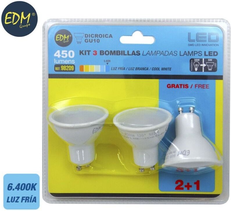 Kit mit 3 dichroitischen LED-EDM-Glühbirnen GU10 5W 450lm 6400K Kaltlicht Ø5x5,5cm