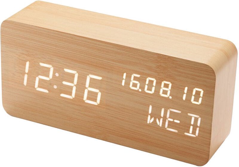 Digitaler Wecker aus Holz mit Sprachsteuerung und LED-Anzeige 2102 (USB-Aufladung oder Dual-Use-Batterie, Batterien nich...