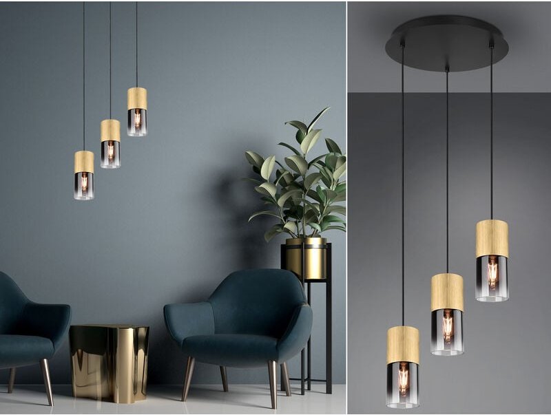 Led Pendelleuchte 3 flammig Messing matt mit Rauchglas Lampenschirm, ø 37cm