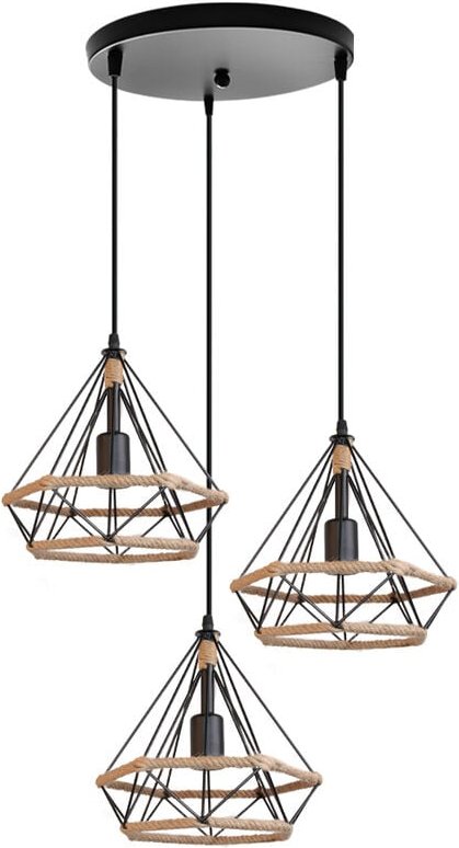 Axhup - Pendelleuchte 3 Flammig Hanf Seil Hängelampe mit Käfig Ø25cm Diamant Form Lampen im Industri Stil für für Wohnzi...
