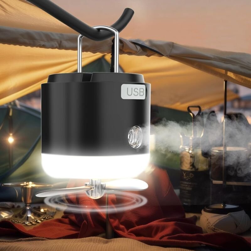 3-in-1 LED-Campinglampe mit USB-wiederaufladbarem Ventilator, Campinglaterne, 4 Helligkeitsstufen, tragbare Zeltlampe fü...