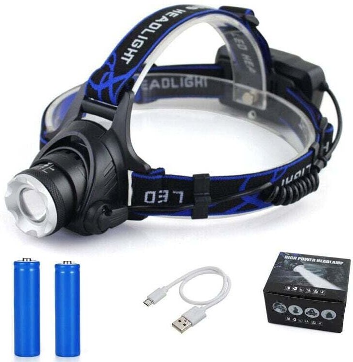 Stirnlampe, wiederaufladbare LED-Taschenlampe, 10000 lm Stirnlampe mit 3 Leuchtmodi, USB-Kabel, 2 x 18650-Akkus, mit Kon...