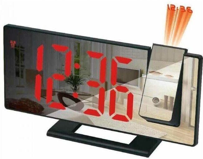 (schwarzes Gehäuse mit rotem Text) Projektorwecker, 180°-Projektionswecker, Digitaluhr mit LED-Spiegelanzeige, USB-Ansch...