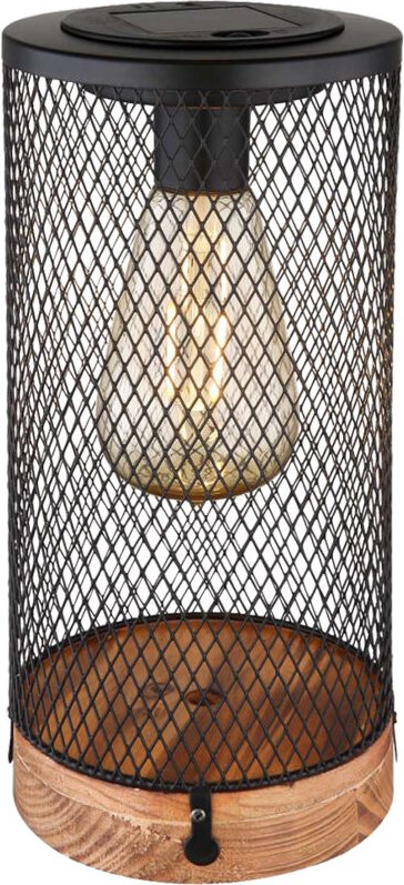 Solar Tischleuchte aus Drahtgeflecht schwarz mit Holzsockel, Höhe 25,5cm