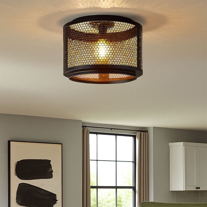 Nowa - Deckenleuchte Deckenlampe Wohnzimmerleuchte schwarz gold Retrolampe Esstischleuchte, Gitterschirm Metall rund, 1x...