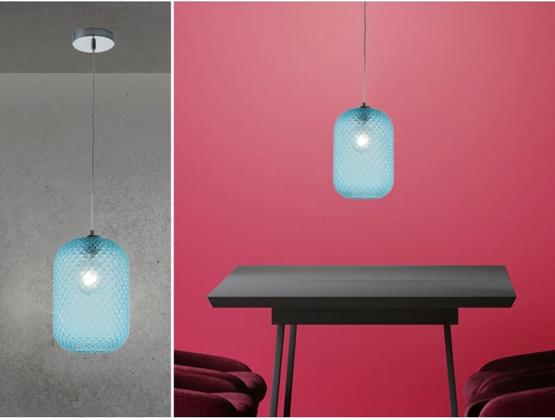 Led Pendelleuchte Relief Kristallglas transparent Blau, ø 20cm