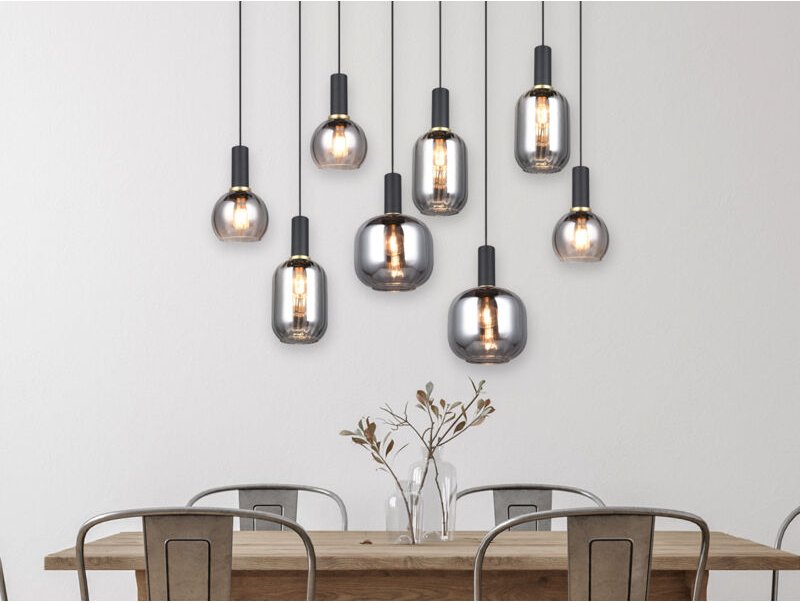 Led Pendelleuchte 8-flammig mit Glasschirmen Chrom bedampft, Breite 120cm