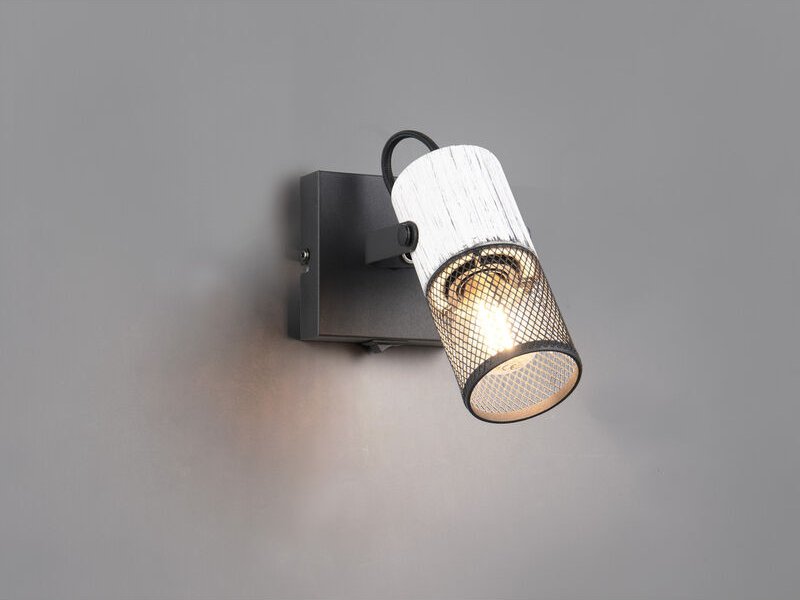 Meinewunschleuchte - led Wandstrahler mit Schalter, Schwarz mit Holz Weiß & Gitterschirm, Breite 9cm