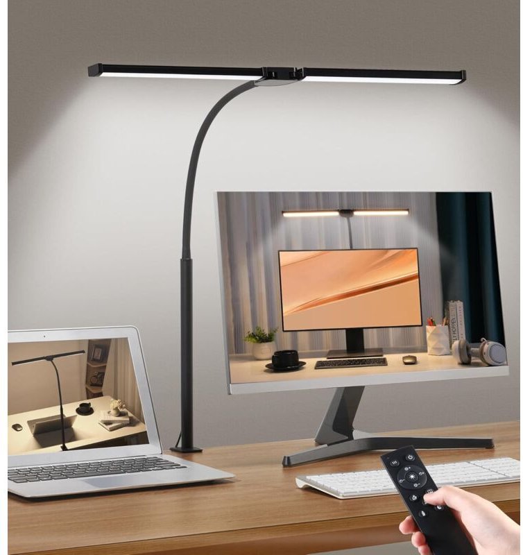 LED-Schreibtischlampe, Schreibtischlampe mit zwei Köpfen, 3 Farbmodi, 10 Helligkeitsstufen, flexibler Schwanenhals und p...
