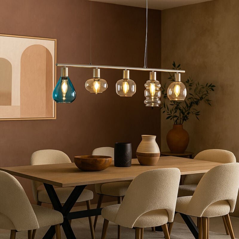 Nino - Pendelleuchte 5 flammig Esstischlampe Vintage Hängelampe Glas mehrfarbig, 5x E14, LxH 80 x 150 cm