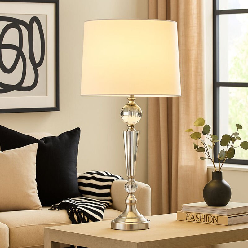 Tischleuchte Tischlampe Kristalle Beistellleuchte Esszimmerlampe Textilschirm weiß, Metall Nickel, 1x E27 Fassung, DxH 3...