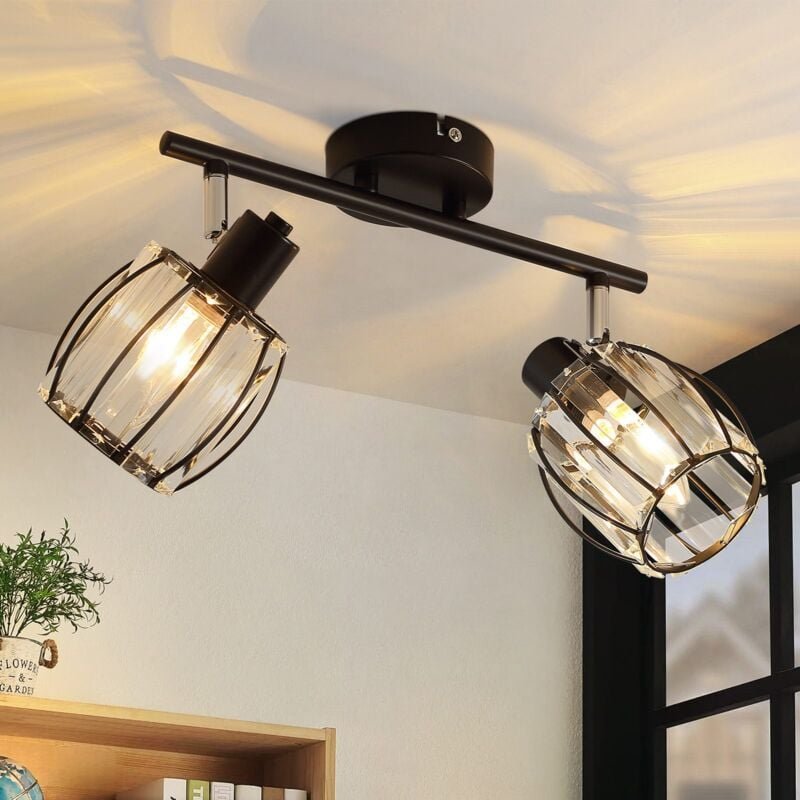 Deckenstrahler Vintage Deckenspot 2 Flammig - Deckenleuchte Kristall Lampenschirm Retro Strahler Industrial E14 Schwarz ...