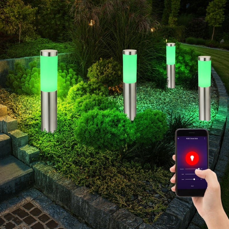 4er Set Smart Sockel Lampen Garten Außen Edelstahl Hof Einfahrt Steh Leuchten dimmbar im Set inkl. rgb led Leuchtmittel