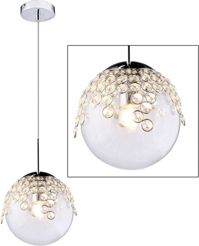 Pendelleuchte Hängelampe Kugelleuchte Innen Beleuchtung Gas klar, Metall, chrom, k Kristalle, 1x E27 Fassung, DxH 20x150...