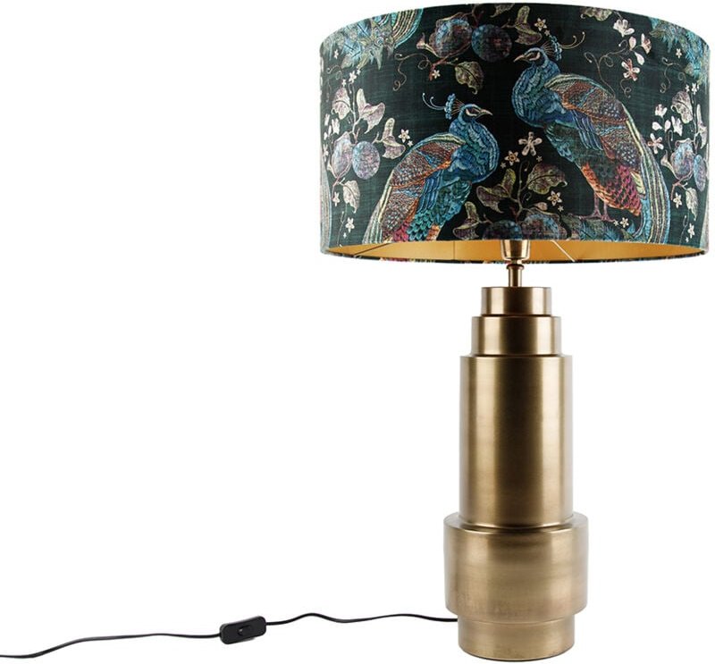 Tischleuchte Bronze Samtlampenschirm Pfauen grün mit Gold 50 cm - Bruut