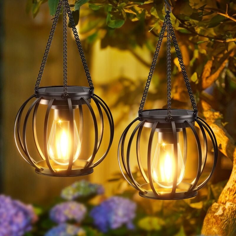 Solar-Gartenleuchten zum Aufhängen im Freien, 2 Stück Metall-Solarlaterne für den Außenbereich mit warmweißer LED-Glühbi...