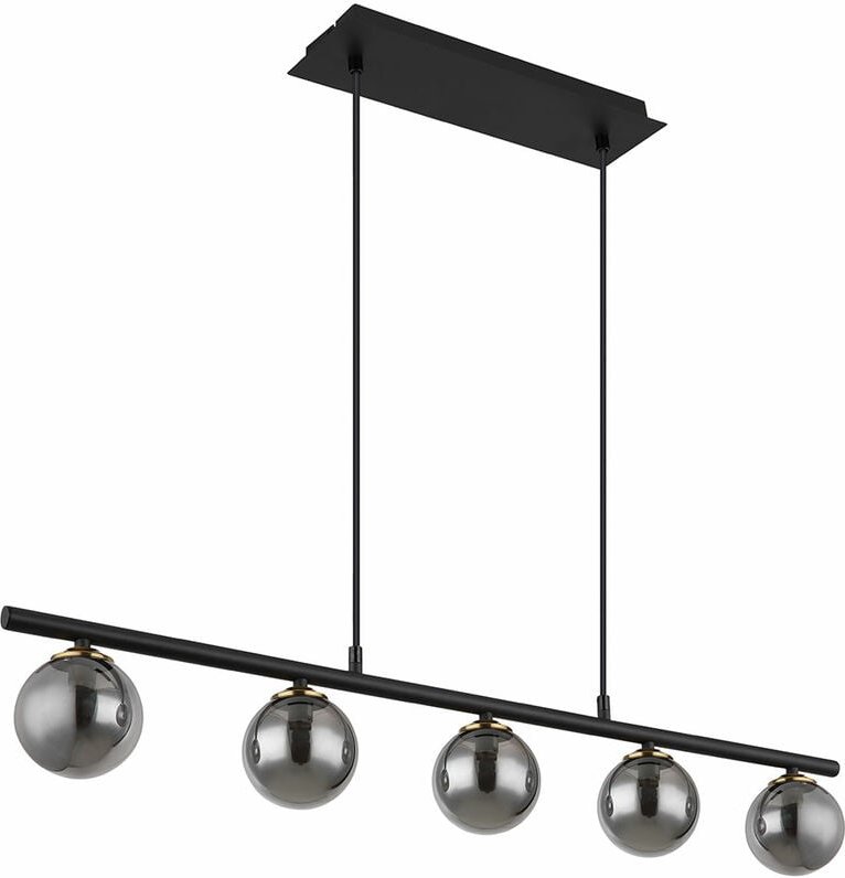 Hängelampe Pendelleuchte Esszimmerlampe, 5-flammig, Glas Kugel, Höhenverstellbar, Metall Rauchglas, schwarz, 5x G9 Fassu...