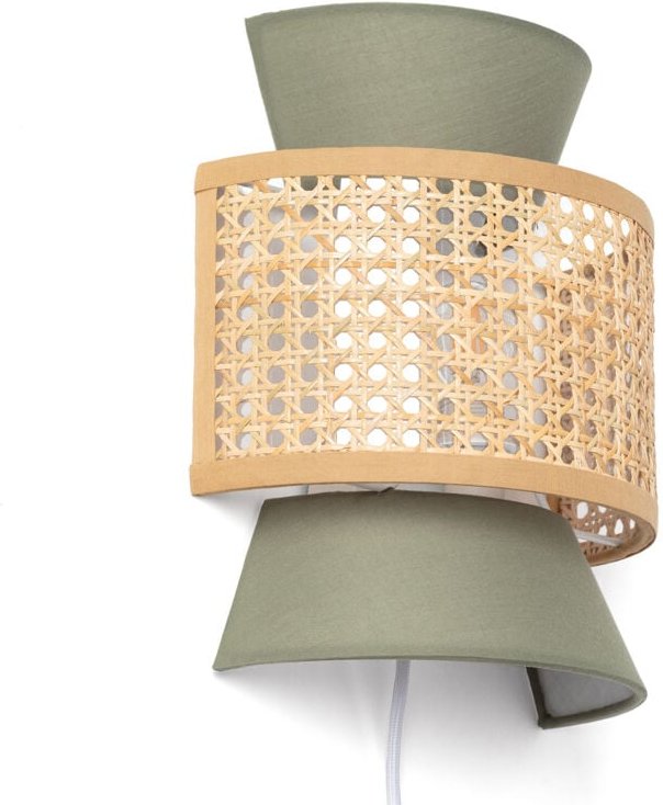 Wandleuchte Ratán und Stoff Chulu Khakigrün