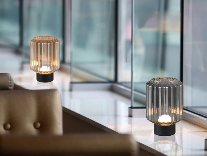 Meinewunschleuchte - 2er set kleine Akku Tischleuchten mit Bernsteinglas & Rauchglas, Höhe 19cm