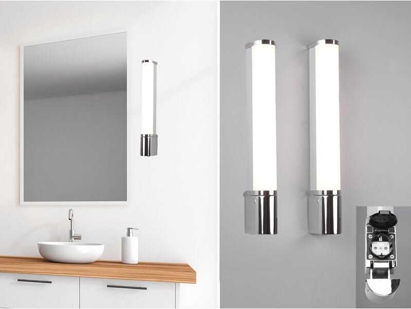 LED Bad Wandleuchten 2er Set mit Steckdose Chrom - Spiegelleuchten, B: 41,5cm