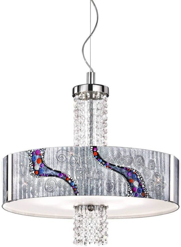 Kolarz EMOZIONE - Designer Glas Zylindrische Pendelleuchte Chrom poliert - Kuss Silber Muster, 6x E27