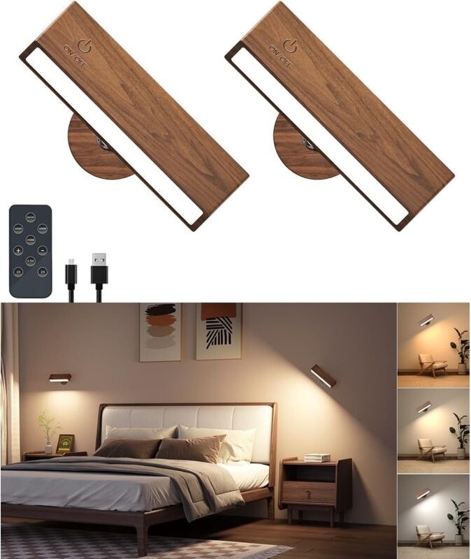 2er-Set Wandleuchten für den Innenbereich mit Fernbedienung, wiederaufladbare Nachttischlampen, kabellose LED-Holzleucht...