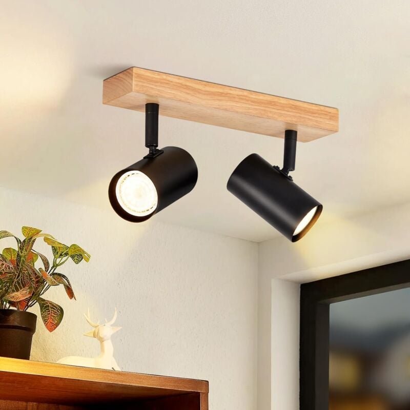 Deckenstrahler Schwarz Holz Deckenleuchte - Deckenspots 2 Flammig GU10 Flurlampe 350° Schwenkbar Industrial Retro Wandst...
