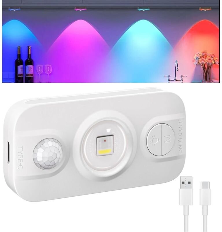 Kleiderschrankleuchte mit Bewegungsmelder, 7-farbige Mini-LED-Anzeigeleuchte mit Timer, warmweißes Licht für Schlafzimme...