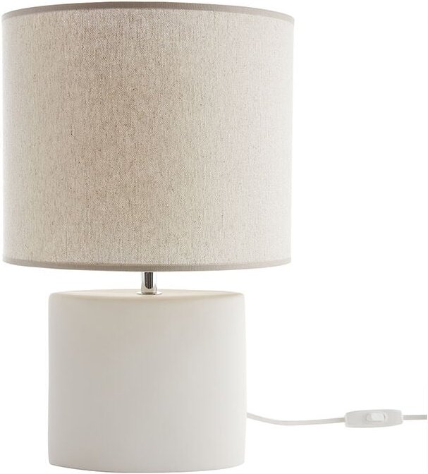 Tischleuchte Keramik weiß mit naturfarbenem Schirm aus Leinen tiga