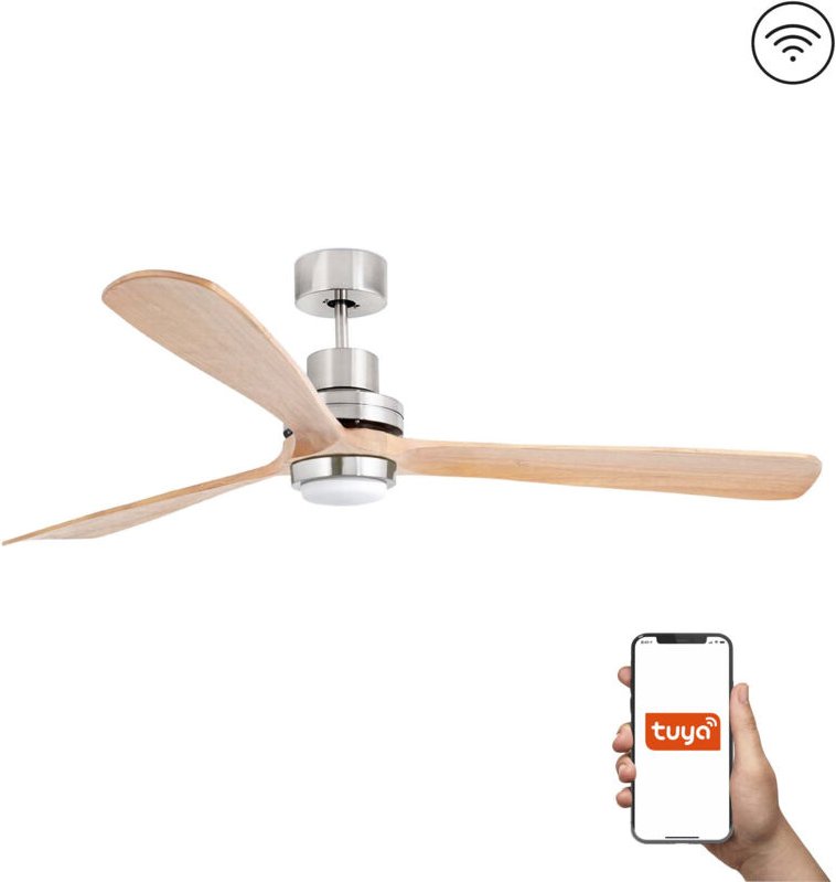 Faro Lantau xl Deckenventilator mit 3 Flügeln, Satin Nickel, Kiefer, mit Licht 3000K, Tuya Smart System